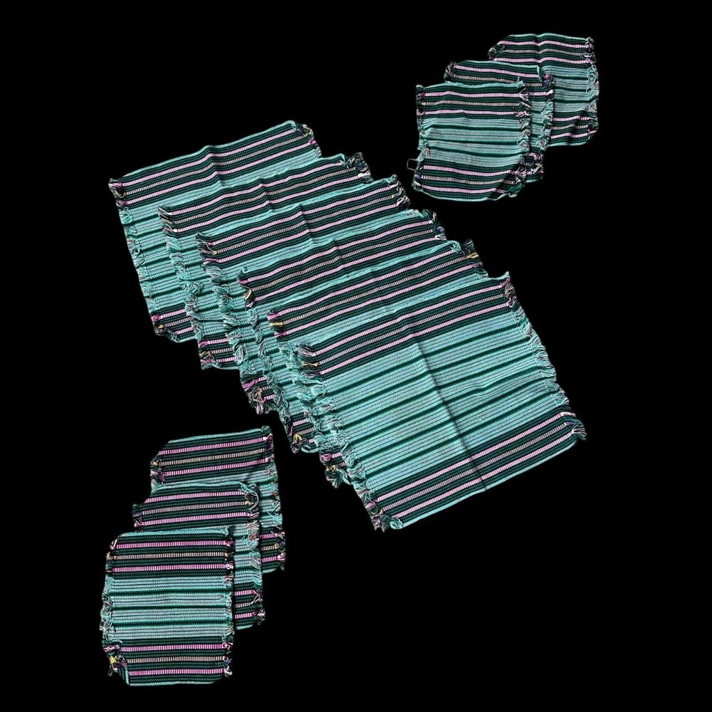 Vintage Placemat and Napkin Set Cotton Fringe Green Pink Stripes Setting for 6